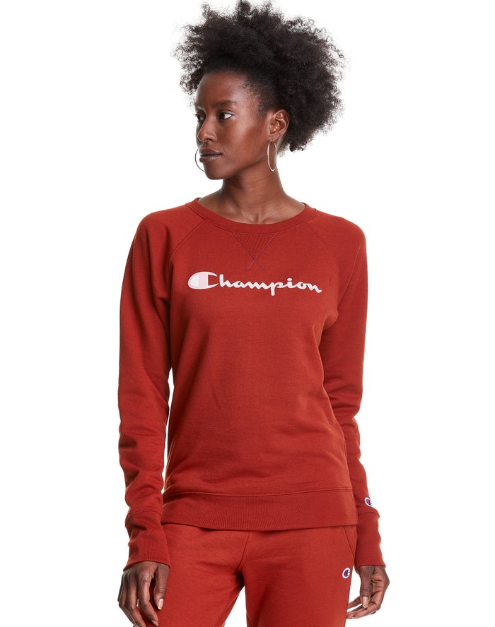 Champion Dame Sweatshirt Brune - Powerblend Fleece Classic Crew Script Logo - Danmark YKZ-836914